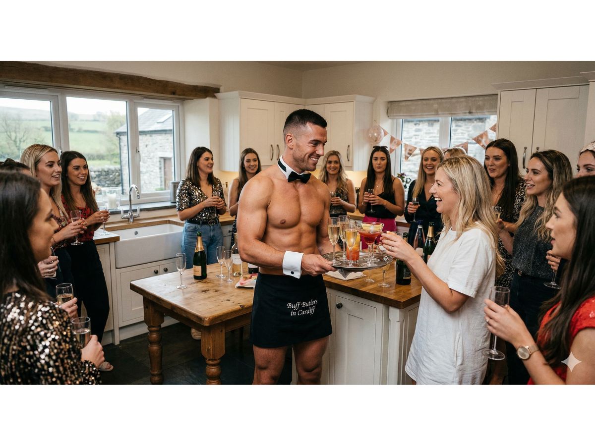 Butlers in the buff serving prosecco to a group of women at a hen party in Cardiff