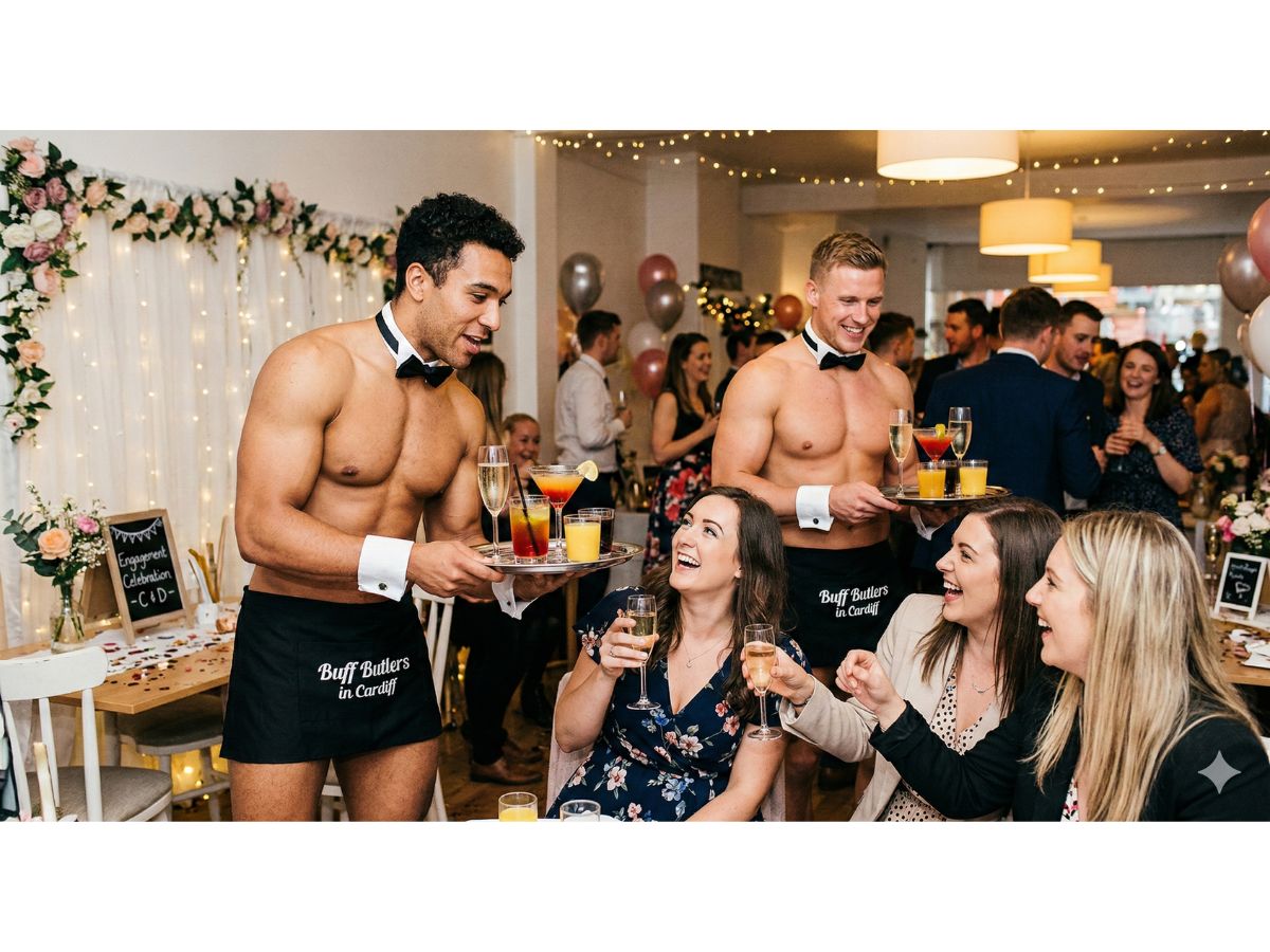 butlers in the buff Bridgend serving drinks at an engagement party in Cardiff