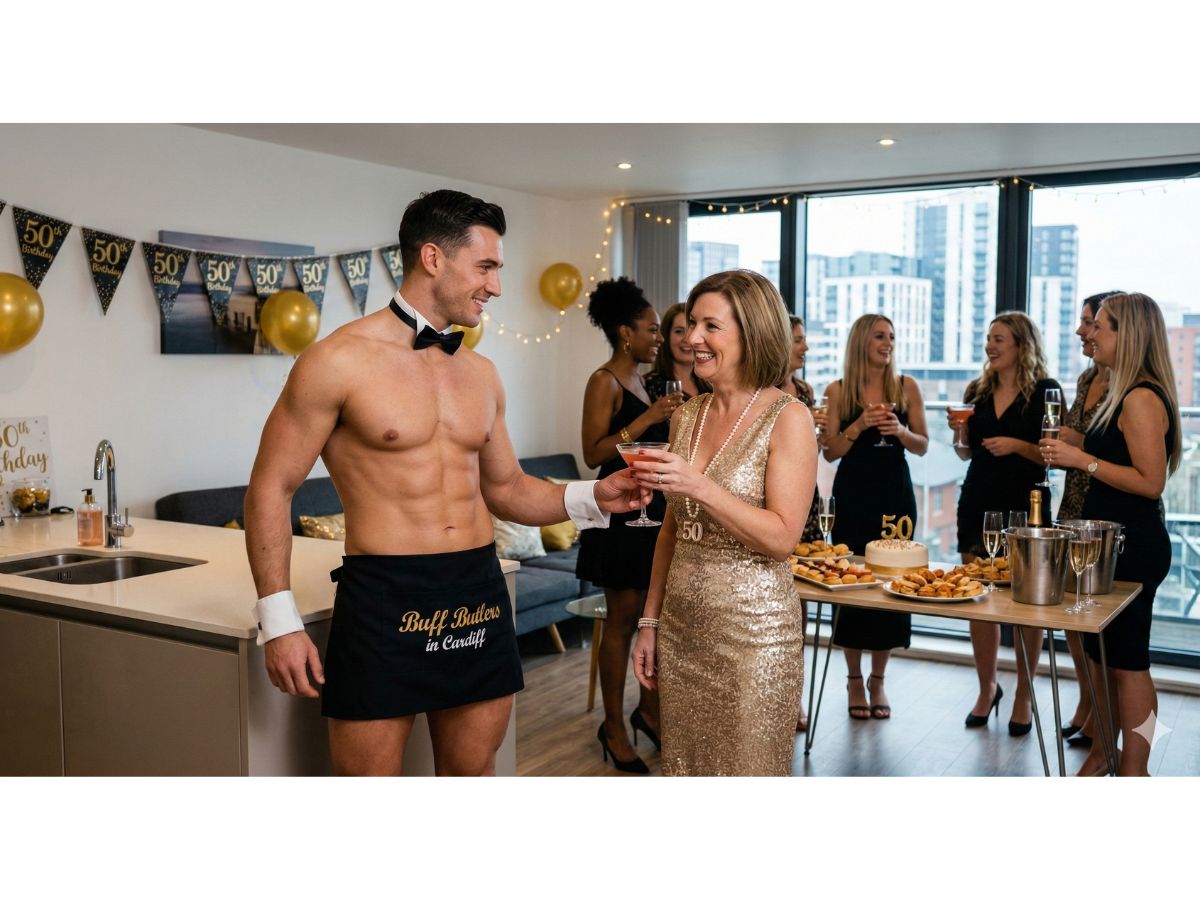 Naked Butler in Ystrad Mynach serving drinks at a 50th birthday party in Cardiff