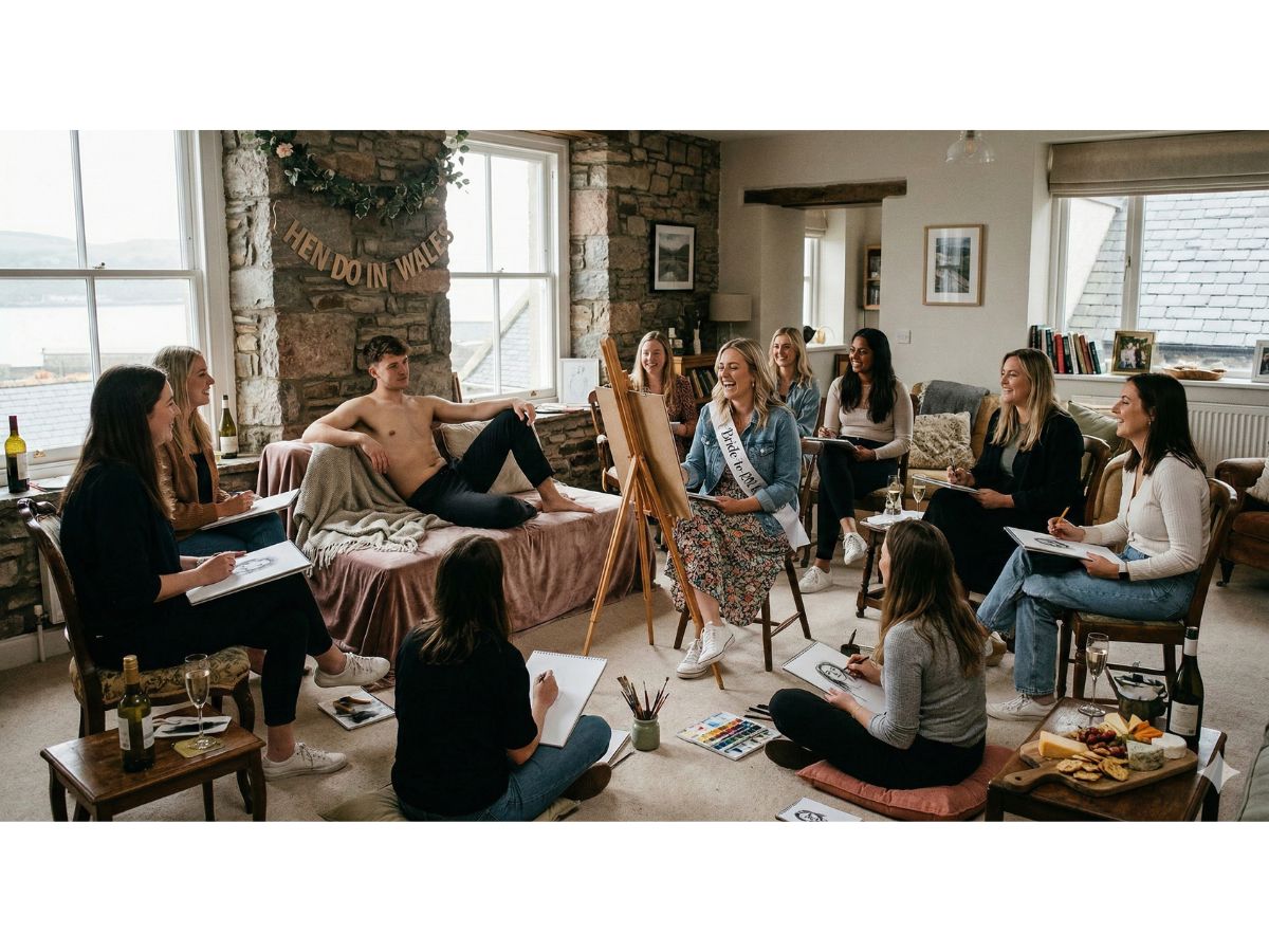 Hen party life drawing session in Llanelli with group sketching a Buff Butler model