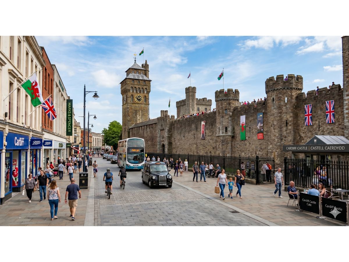 Cardiff Castle and city centre street scene, the heart of Cardiff where Buff Butlers in Cardiff serve hen parties and private events