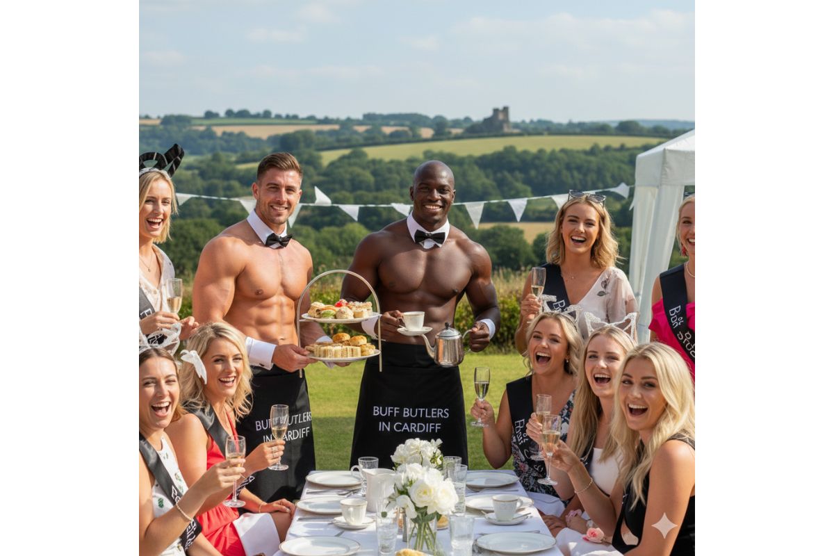 Two butlers in the buff Cardiff wearing black bow ties and aprons, serving afternoon tea to a group of laughing women at an outdoor hen party brunch in the South Wales countryside