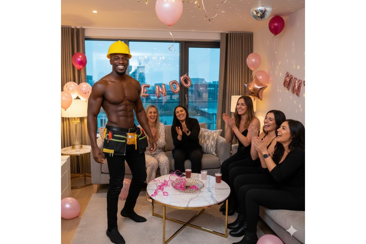 A professional topless male stripper in Cardiff dressed in a builder's outfit, performing for a laughing group of women at a hen party in a decorated modern apartment.