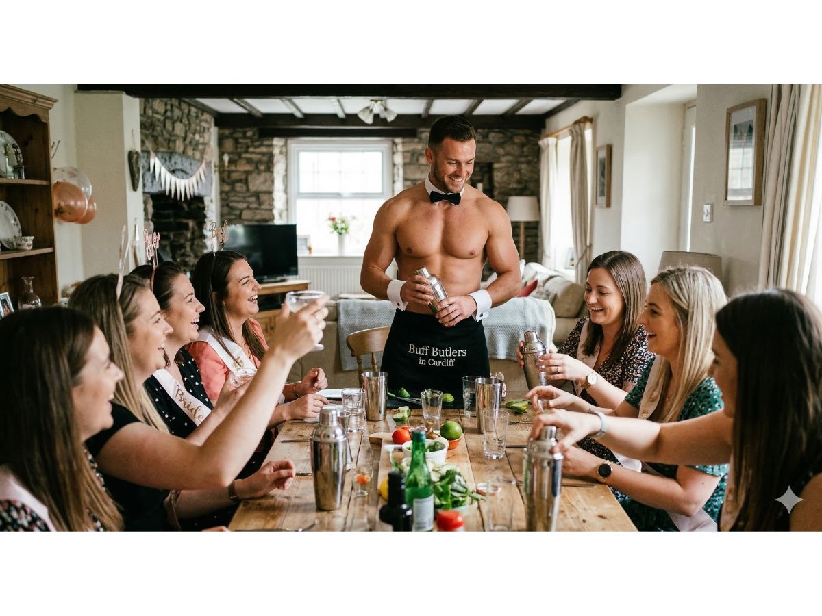 Hen party cocktail class in Pontypridd with butlers in the buff serving drinks to the group