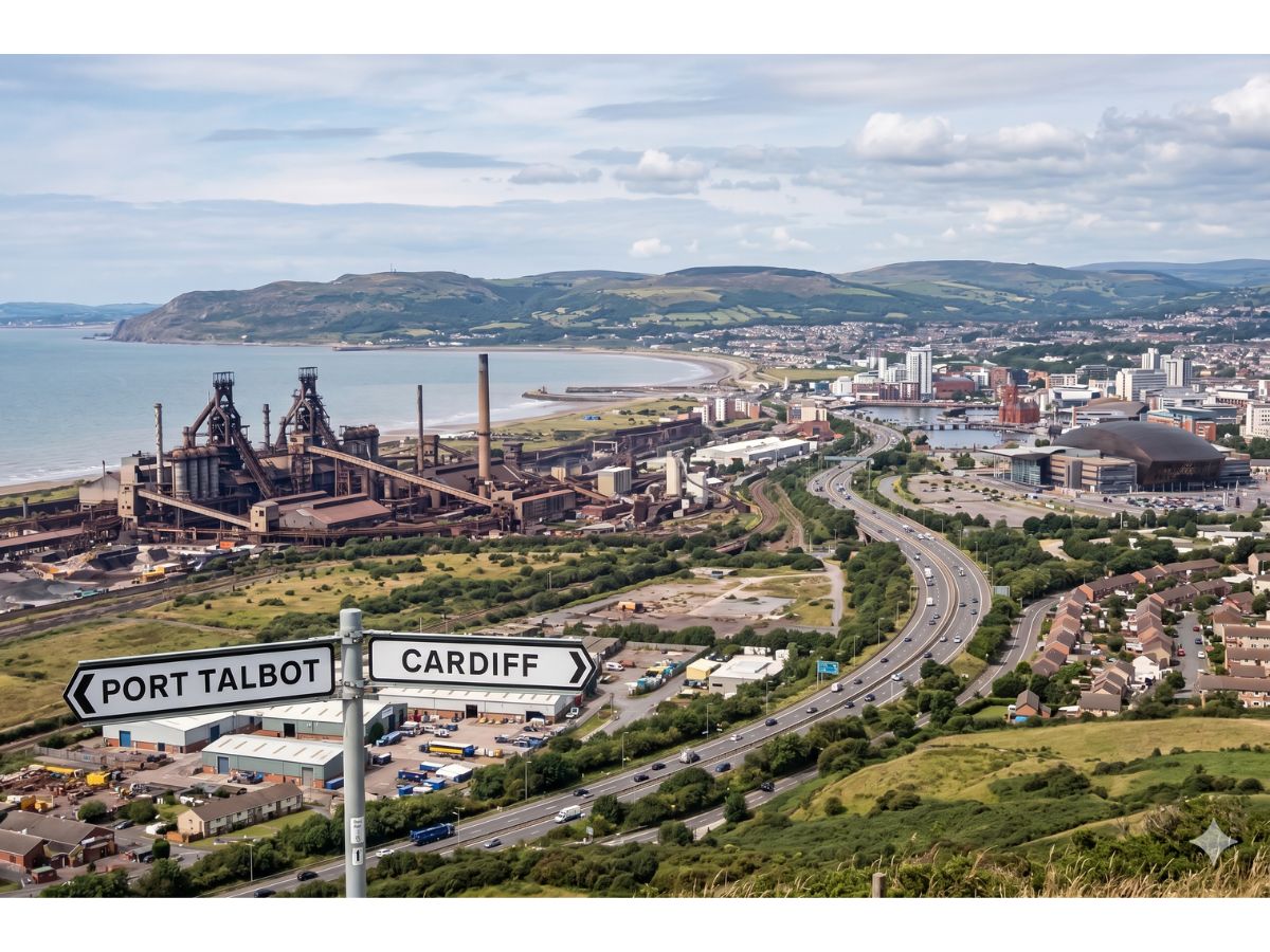 Road signs pointing to Port Talbot and Cardiff above the M4, with Port Talbot's steelworks and the South Wales coastline behind